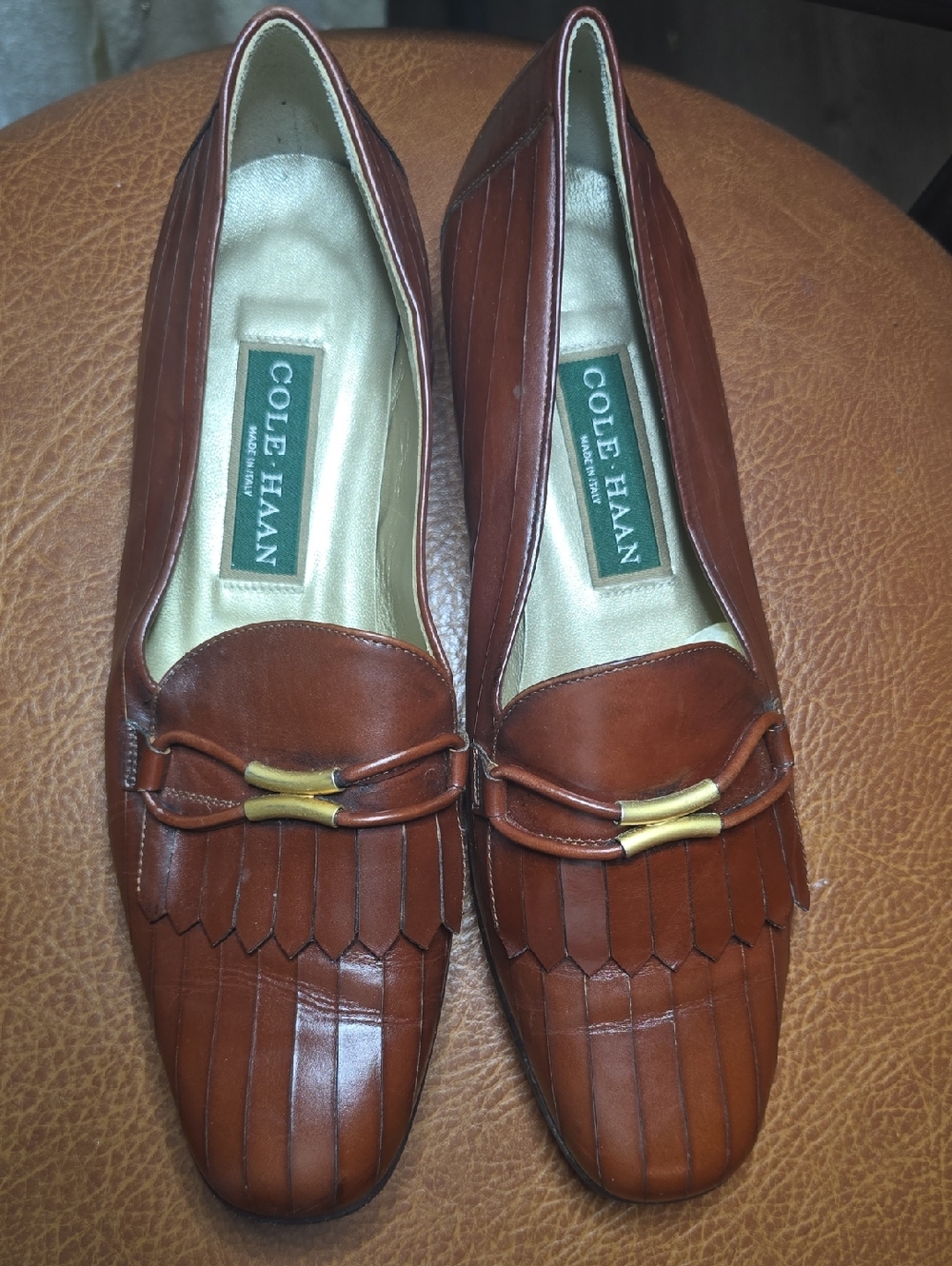 Cole Haan Cognac Leather Kiltie Loafers with Gold Accent